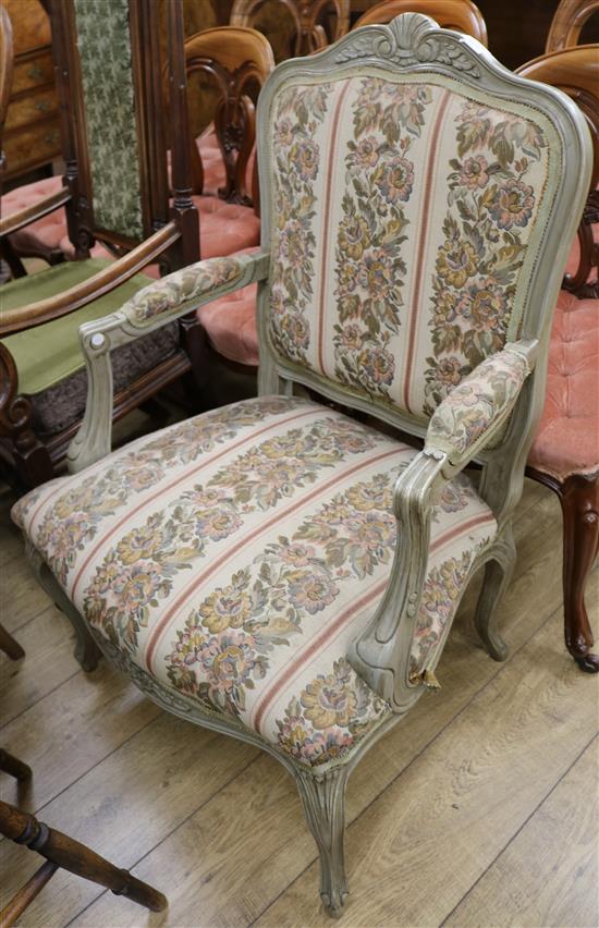 A Louis XV style pale green painted fauteuil